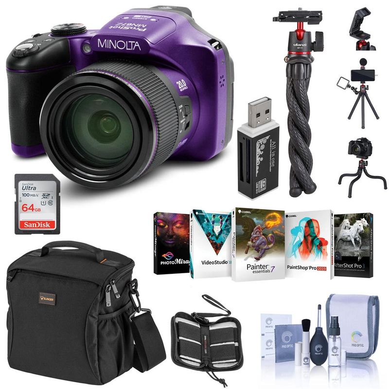 Minolta MN67Z 20MP Full HD Wi-Fi Bridge Camera with 67x Optical Zoom, Purple Essential Bundle with Bag, 64GB SD Card, Octopus Tripod,...