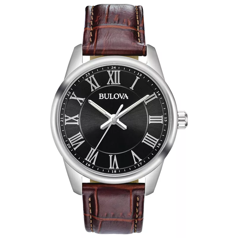 Rent to own Bulova Men's Quartz Brown Leather Strap Watch Black Dial