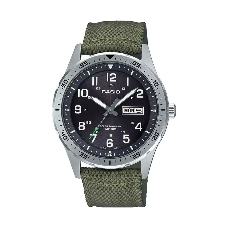 Casio - Mens Classic Diver Inspired Analog Green Solar Nylon Watch Black Dial