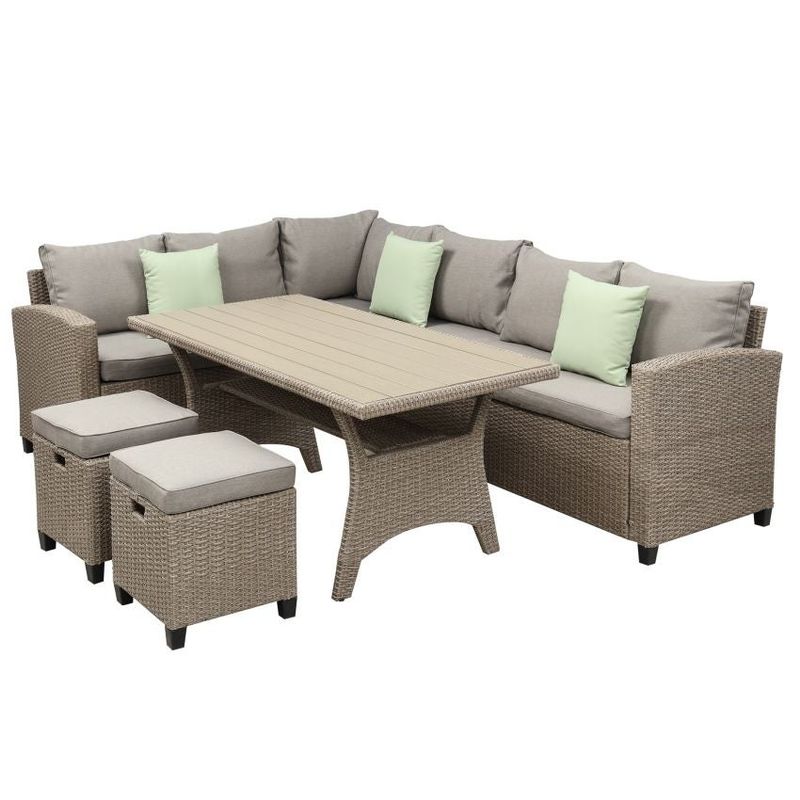 Patio Furniture Set, 5 Piece Outdoor Conversation Set, Dining Table Chair with Ottoman and Throw Pillows - Beige Brown