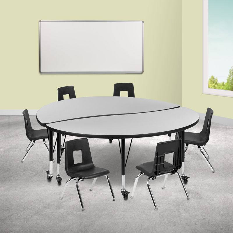 Mobile 60" Circle Wave Collaborative Laminate Activity Table Set with 12" Student Stack Chairs - Grey