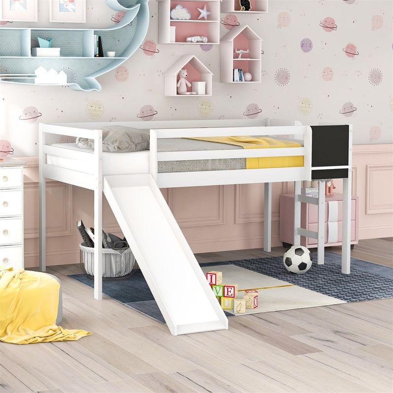 Merax Wood Loft Bed with Slide, Stair and Chalkboard - Grey - Twin