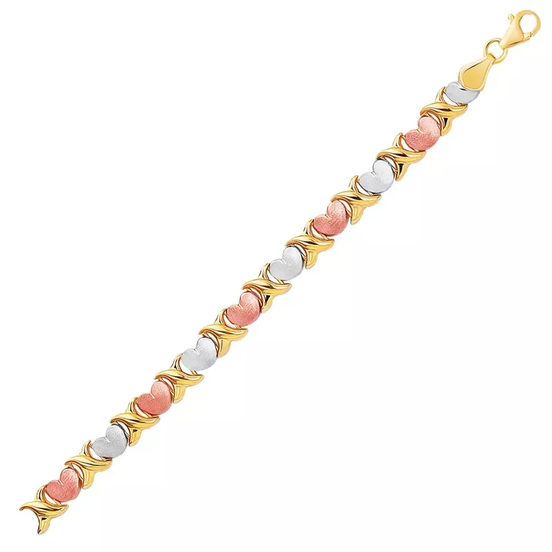 14k Tri Color Gold Fancy Satin Heart Line Bracelet (7.25 Inch)