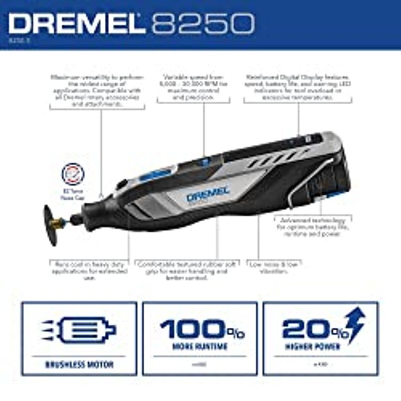 Dremel 8250 12V Lithium-Ion Variable Speed Cordless Rotary Tool with Brushless Motor, 5 Rotary Tool Accessories, 3Ah Battery, Charger,...