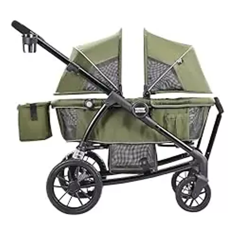 VEVOR All-Terrain Stroller Wagon, 2 Seats Foldable Expedition 2-in-1 Collapsible Wagon Stroller, includes Canopy, Parent Organizer, Snack Tray & Cup Holders, 55lbs for Single Seat, Olive Green