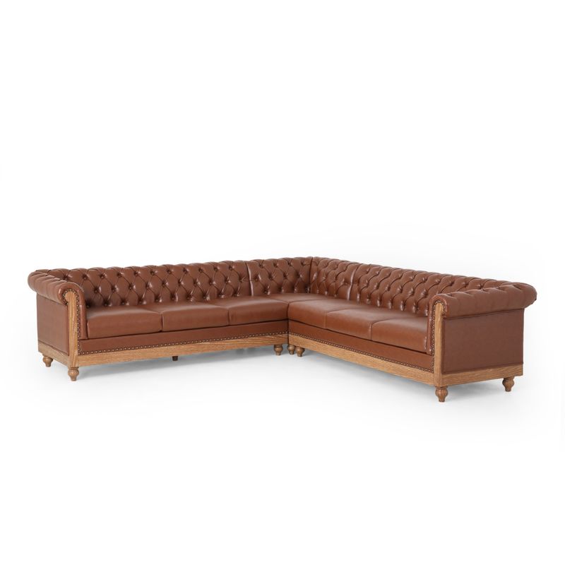 Castalia Chesterfield Tufted 7 Seater Sectional Sofa with Nailhead Trim by Christopher Knight Home - Cognac Brown + Natural