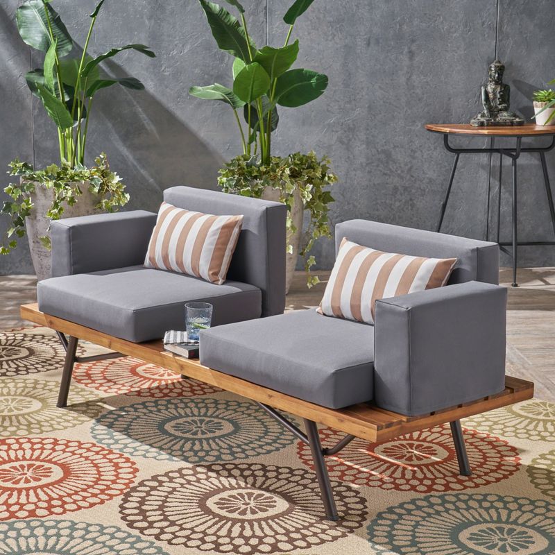 Canoga Outdoor Industrial 2 Seater Sofa by Christopher Knight Home - Iron/Wood/Acacia - teak finish + dark grey