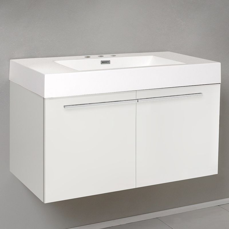 Fresca Vista White Bathroom Base Cabinet with Integrated Sink - Vista Modern Bathroom Cabinet w/ Integrated Sink