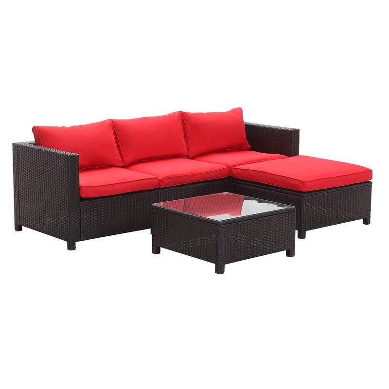 Rent to own Zenova 5 piece Outdoor Patio Rattan Sofa Sectional Set with Pillows Red