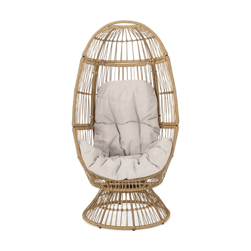 Pintan Outdoor Wicker Swivel Egg Chair with Cushion by Christopher Knight Home - Light Brown + Beige Cushion