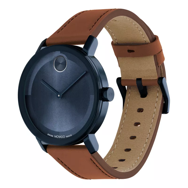 Movado - Men's Bold Evolution 2.0 Navy & Cognac Leather Strap Watch Navy Dial