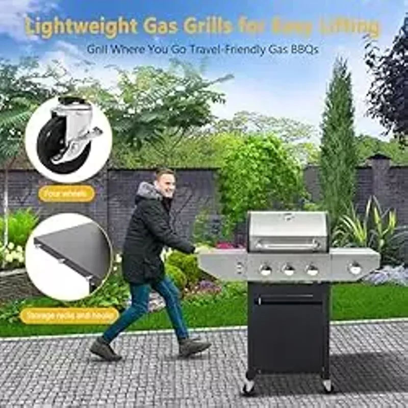 Lyromix Large BBQ Grill Propane with 3-Burners and Side Burner, Outdoor Gas Grill with Porcelain-Enameled Cast Iron Grates, Stainless Steel Camping Barbecue Griddle for Patio, Party, 37000 BTU