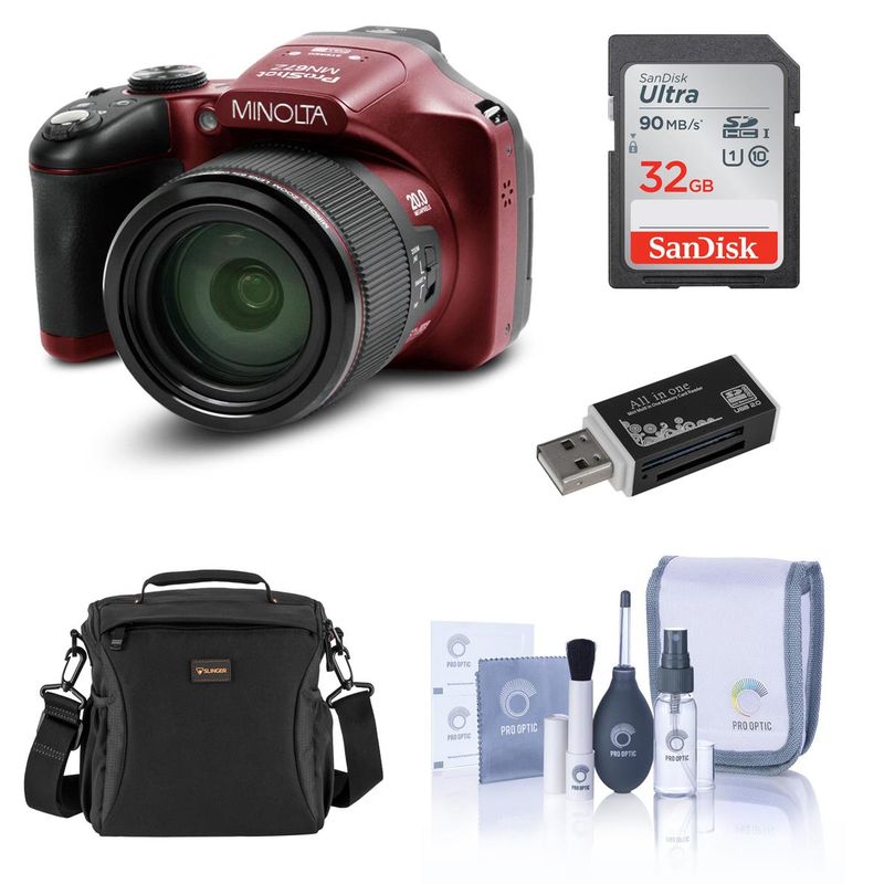 Minolta MN67Z 20MP Full HD Wi-Fi Bridge Camera with 67x Optical Zoom, Red Bundle with Bag, 32GB SD Card, Cleaning Kit, Card Reader