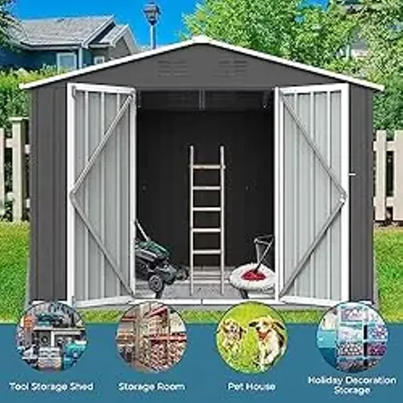 Zevemomo 8 x 6 ft Outdoor Storage Shed, All Weather Metal Sheds with Metal Foundation & 2 Lockable Doors, Tool Shed for Garden, Backyard, Lawn, Grey