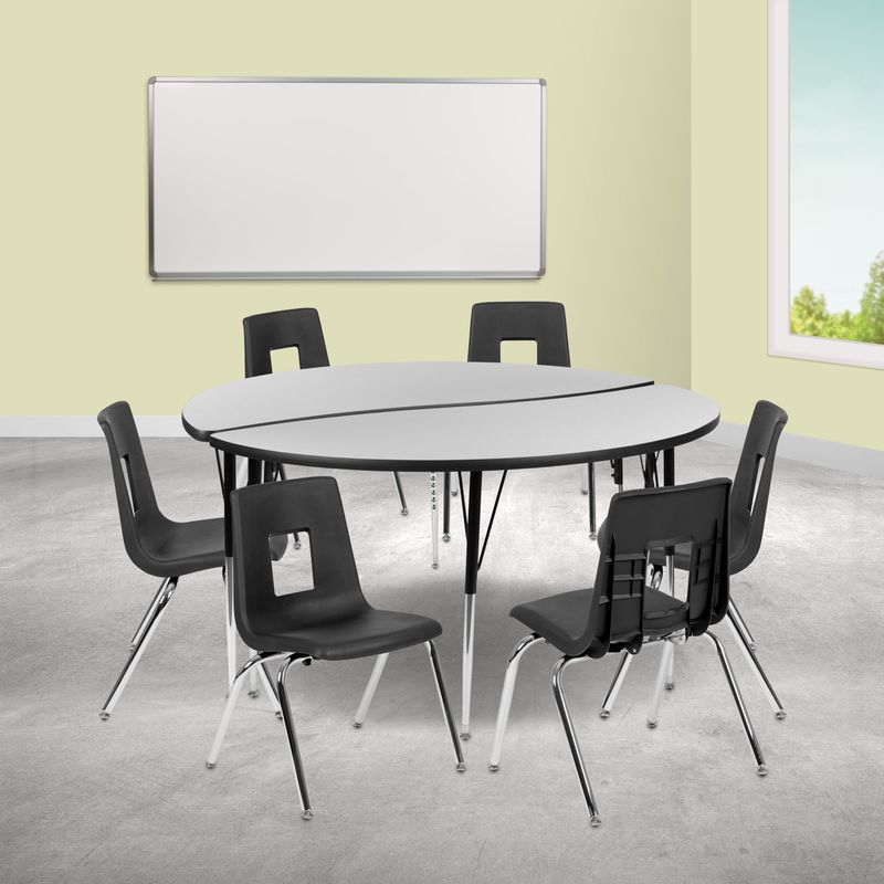 60" Circle Wave Collaborative Laminate Activity Table Set with 18" Student Stack Chairs, Grey/Black - Grey