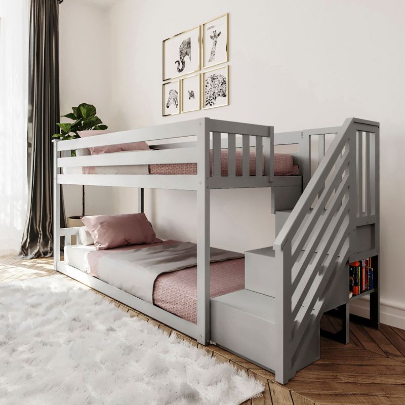 Max & Lily Twin over Twin Low Bunk Bed with Staircase, White - Grey