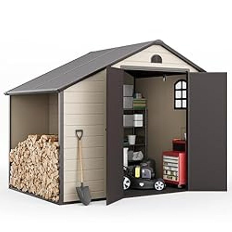 Outdoor Storage Shed 8.5x6.3 ft, Resin Storage Shed & Firewood Rack, Patio Storage Sheds Outdoor with Floor, Lockable Door, Airflow Vent,...