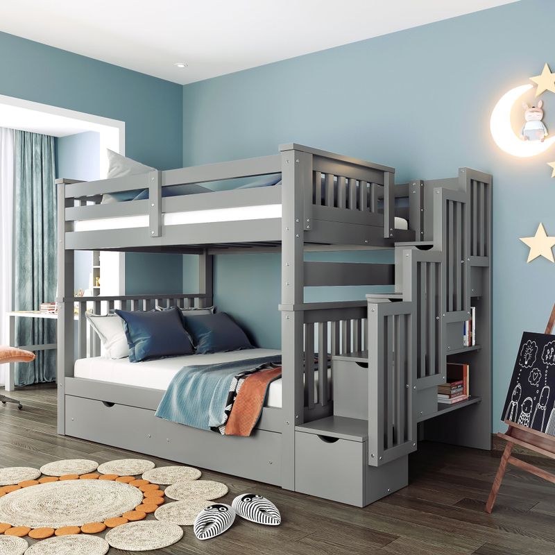 Full Over Full Bunk Bed with Shelves and 6 Storage Drawers - Grey