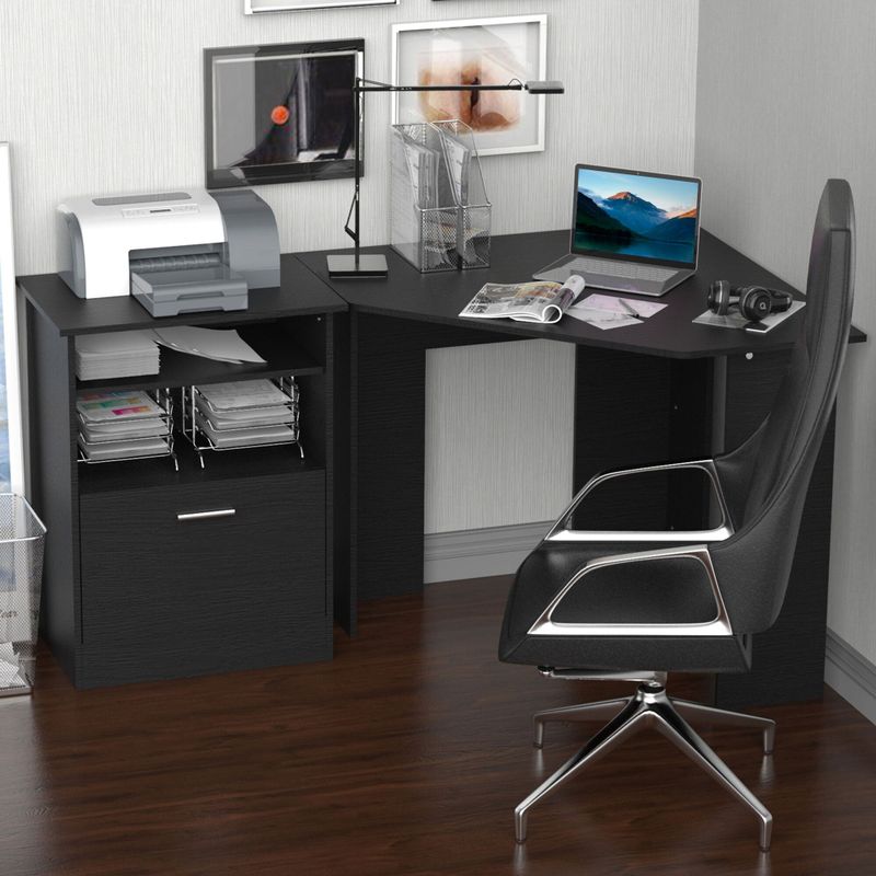 HOMCOM Computer Desk with Printer Cabinet, L-Shaped Corner Desk with Storage, Study PC Workstation for Home Office - Cherry