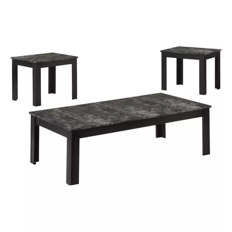 Table Set/ 3pcs Set/ Coffee/ End/ Side/ Accent/ Living Room/ Laminate/ Grey Marble Look/ Black/ Transitional