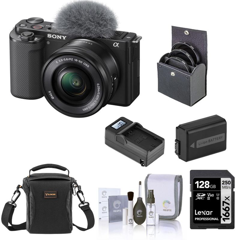 Sony ZV-E10 Mirrorless Camera with 16-50mm Lens, Black Bundle with 128GB SD Memory Card, Shoulder Bag, NP-FW50 Battery, Compact Smart...