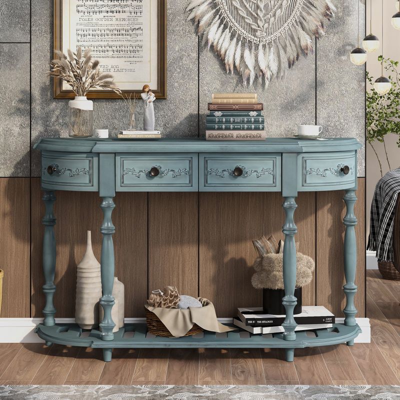 Modern Curved Console Table Entryway Table with 4 Drawers and 1 Shelf - Antique Blue