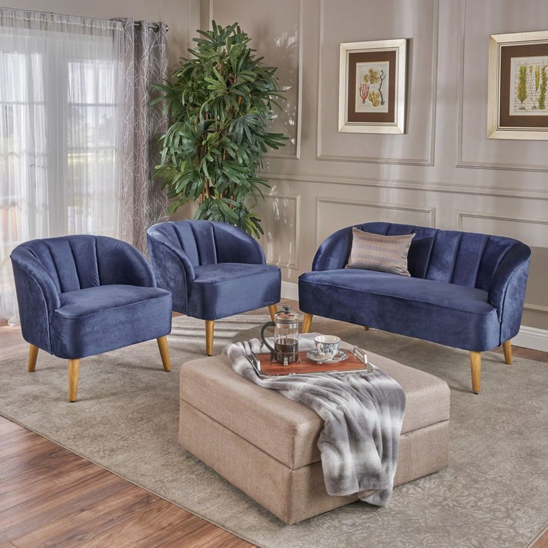 Amaia Modern 3-piece Velvet Chat Set by Christopher Knight Home - pewter + walnut