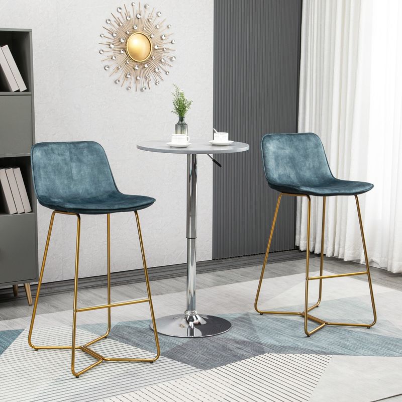 HOMCOM Tall Bar Stools, Set of 2, Velvet-Touch Fabric Bar Chairs, Bar Stools with Gold-Tone Metal Legs for Dining Area - Grey