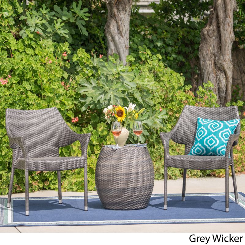 Pierce Outdoor 3-Piece Wicker Stacking Chair Chat Set by Christopher Knight Home - Grey Wicker