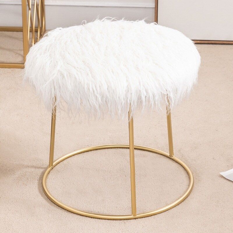 Adeco Vanity Stool Chair Fluffy Ottoman Footrest Round Metal Base - White
