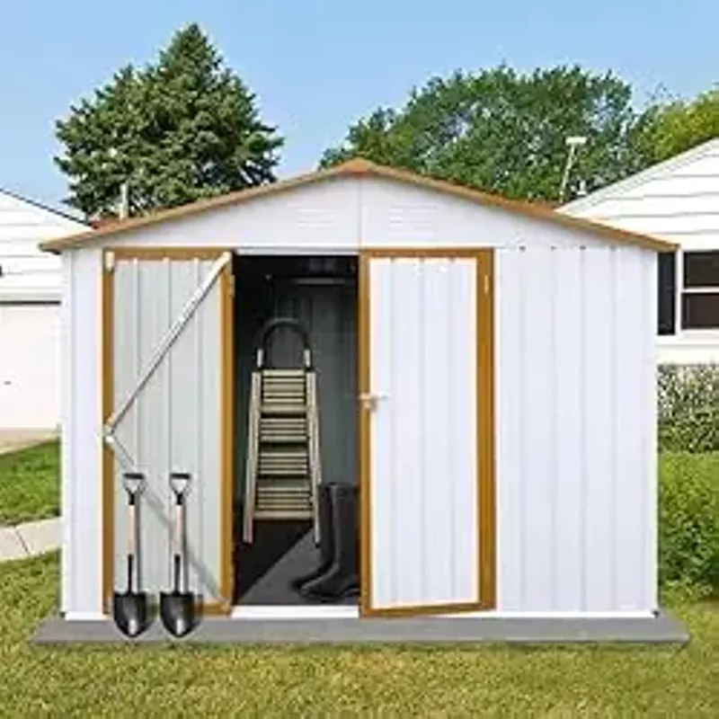 sakulawa 6FTx8FT Storage Shed, Lockable Outdoor Storage Shed, Shutter Vents Metal Shed Frame, Steel Storage House, Lockable Door, Waterproof Roofs, Backyard Patio Lawn, White + Offee