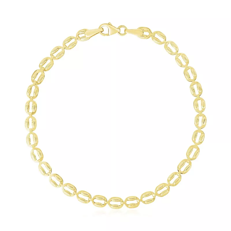 14k Yellow Gold High Polish Textured Puffed Oval Link Bracelet (3.8mm)