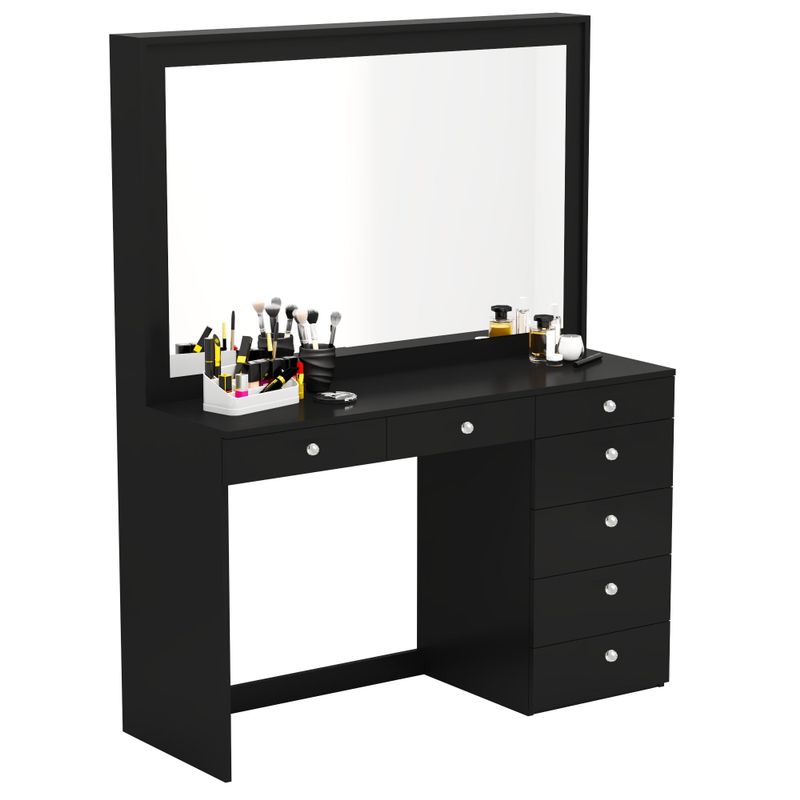 Boahaus Joan Modern Vanity Table, Black, Wide Mirror, 07 Drawers - Black-Crystal Knobs