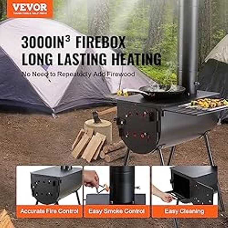 VEVOR Wood Stove, 118 inch, Alloy Steel Camping Tent Stove, Portable Wood Burning Stove with Chimney Pipes & Gloves, 3000inFirebox Hot...