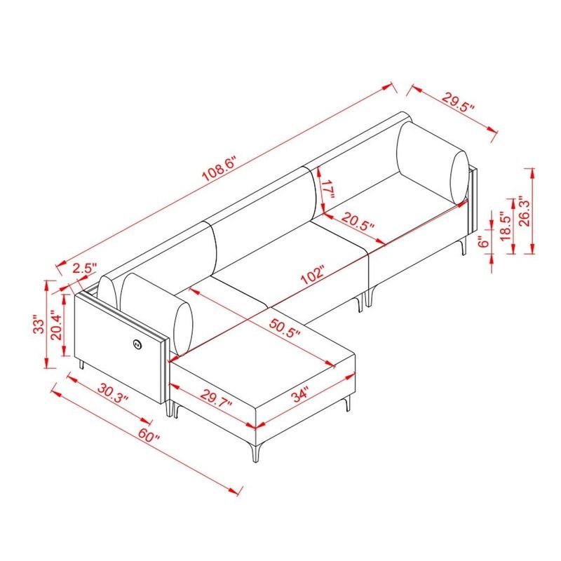 Rent to own Moda Furnishings L Shape Fabric Sectional Sofa with USB