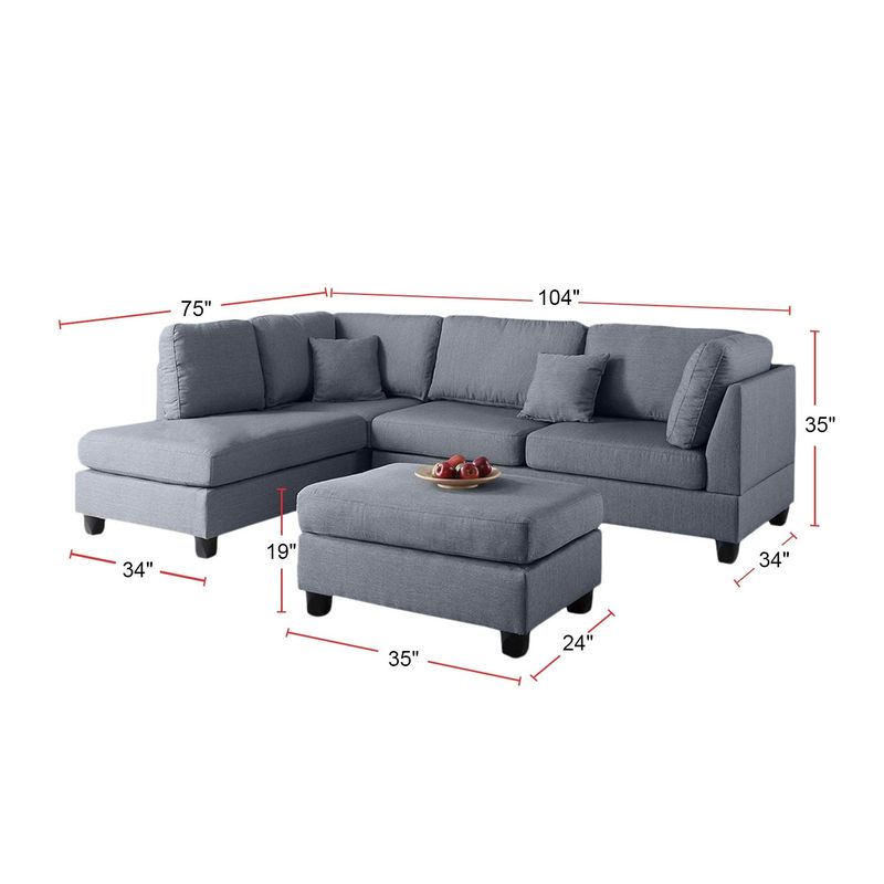 3 Piece Sectional Sofa with Ottoman in Grey - Grey