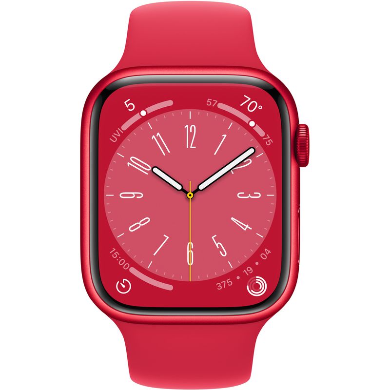 Angle Zoom. Apple Watch Series 8 GPS 45mm (PRODUCT)RED Aluminum Case with (PRODUCT)RED Sport Band - M/L - (PRODUCT)RED