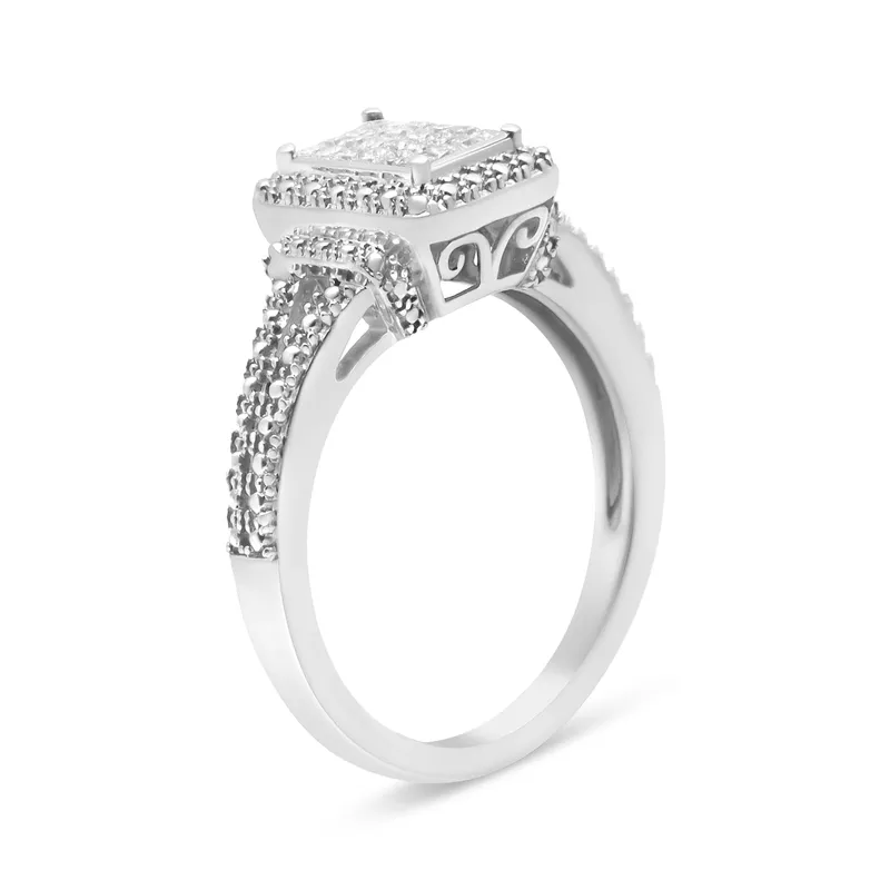 .925 Sterling Silver 1/4 Cttw Princess-cut Diamond Composite Engagement Ring with Beaded Shank (H-I Color, SI1-SI2 Clarity) - Ring Size 7