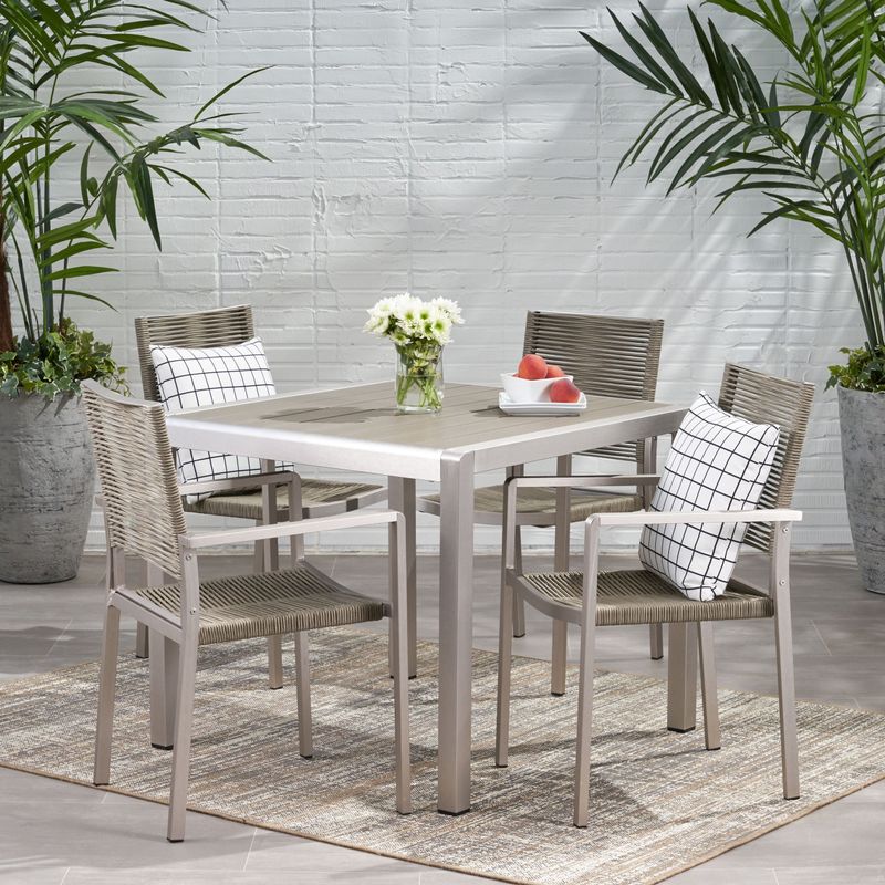 Peridot Outdoor Modern 4 Seater Aluminum Dining Set with Faux Wood or Faux Rattan Table Top by Christopher Knight Home - Faux Rattan +...