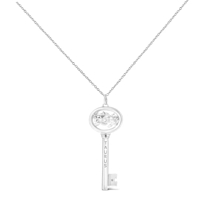 .925 Sterling Silver Diamond Accent Taurus Zodiac Key 18" Pendant Necklace (K-L Color, I1-I2 Clarity)