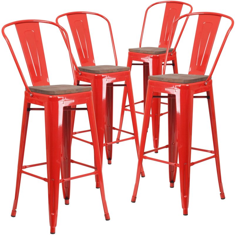 4 Pk. 30" High Metal Barstool with Back and Wood Seat - Yellow