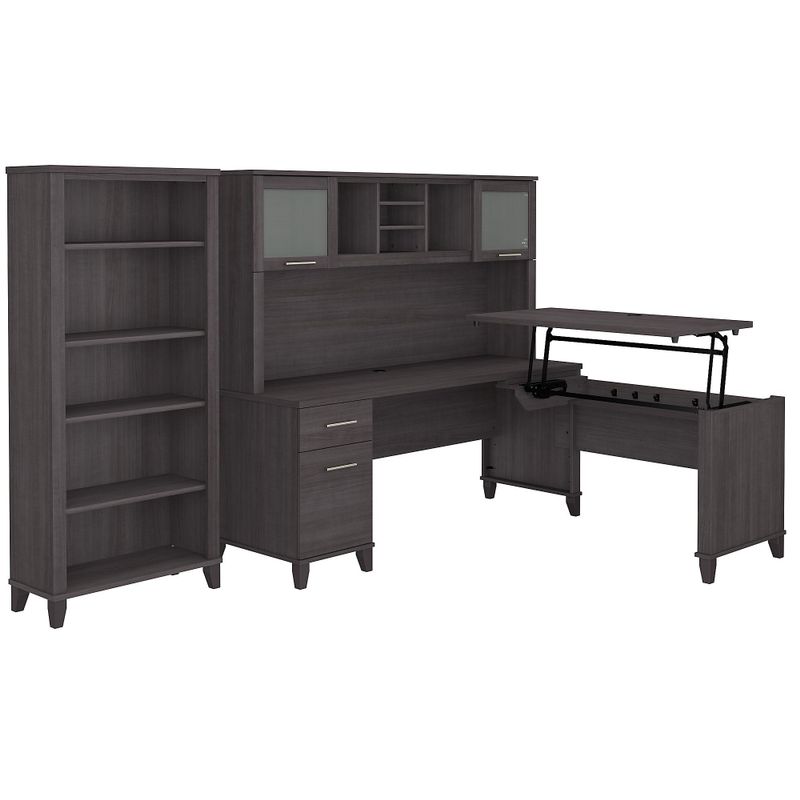 Somerset 72W Sit to Stand L-Desk with Hutch and Bookcase in Ash Gray - Maple Cross