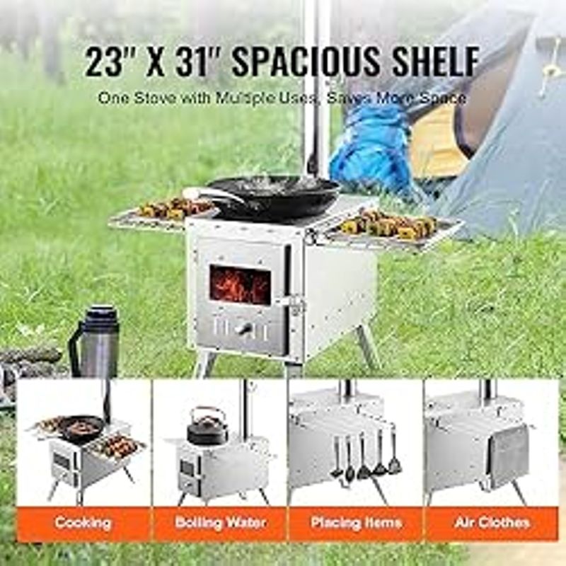 VEVOR Camping Wood Stove Stainless Steel Camping Tent Stove, Portable Wood Burning Stove with Chimney Pipes & Gloves, 3000inFirebox Hot...