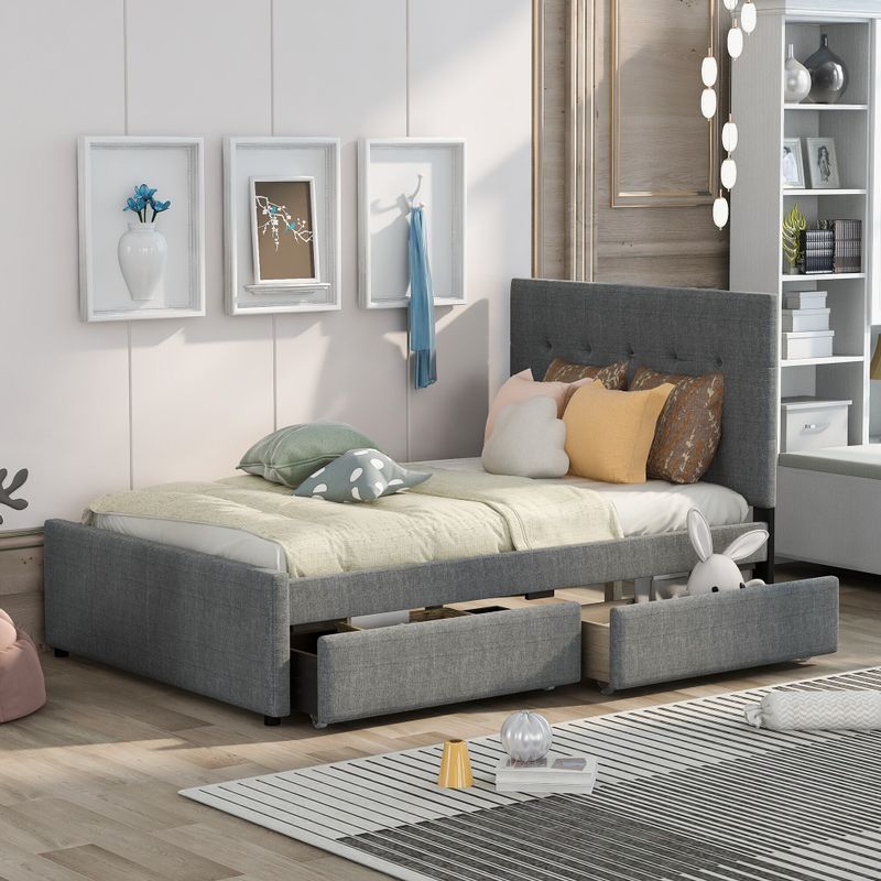 Nestfair Modern Full Size Linen Upholstered Platform Bed With Headboard and Two Drawers - Grey