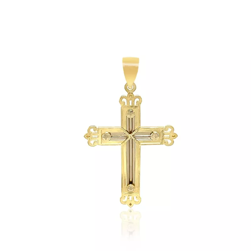 14k Two Tone Gold Cross Pendant with an Ornate Budded Style