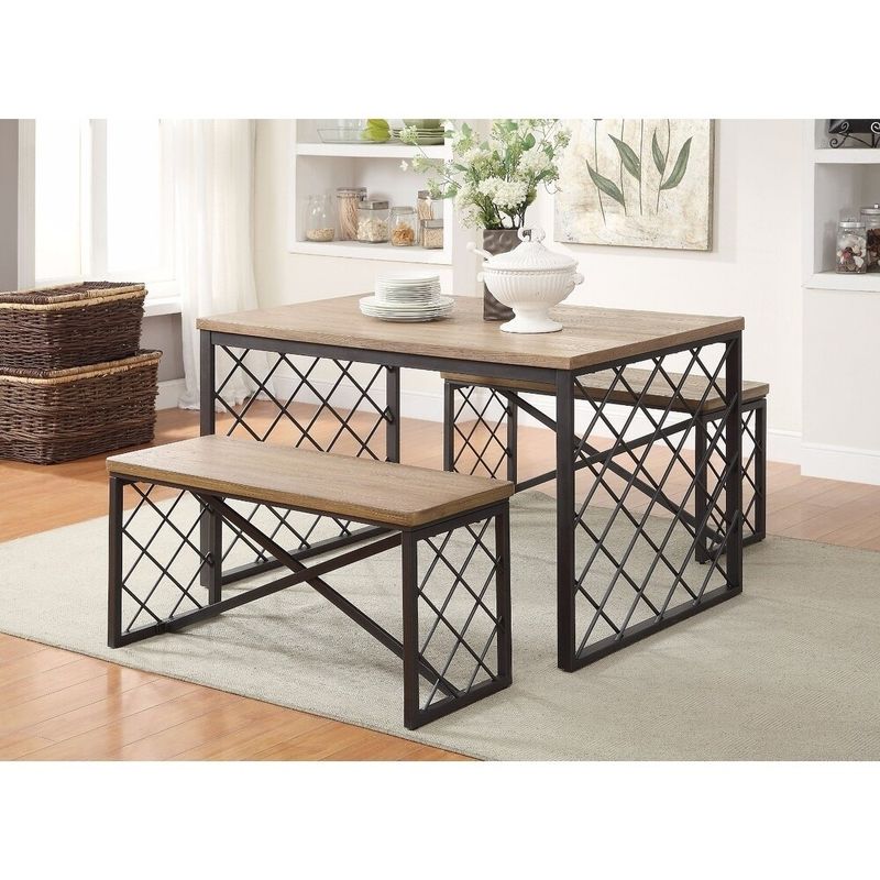 Wood and Metal Dining Set, Light Oak & Gray, 3 Piece Pack - Brown