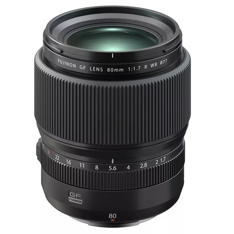 Fujifilm GF 80mm f/1.7 R WR Lens, Black, Bundle with 77mm Digital Essentials Filter Kit and 19x19" Lens Wrap