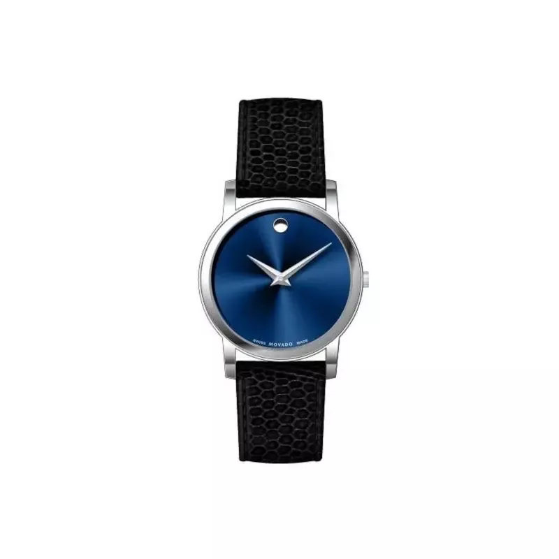 Movado - Mens Museum Classic Silver & Black Textured Leather Strap Watch Blue Dial