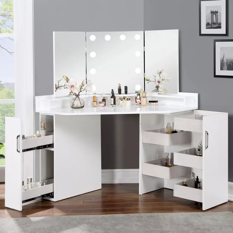 Glam White Corner Makeup Vanity Table with Mirror