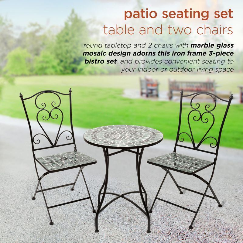 Alpine Corporation Indoor/Outdoor Marbled Glass Mosaic 3-Piece Bistro Set Folding Table and Chairs Patio Seating - Black